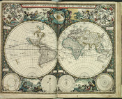 World map with star charts and zodiac