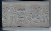 Cylinder Seal with Moon, Eight-Pointed Star, Winged Solar Disc, and Pleiades