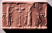 Cylinder Seal with Winged Sun Disk, Crescent Moon, and Pleiades