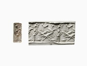 Cylinder Seal with Winged Sun Disc, Crescent Moon, and Star