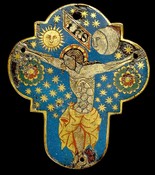Crucifixion scene with sun, moon and stars