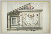 Church pediment design with sundial indicating the hours of the passions of Jesus