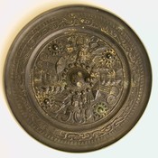 Round mirror with King Father of the East, Queen Mother of the West, attendants, and chariots